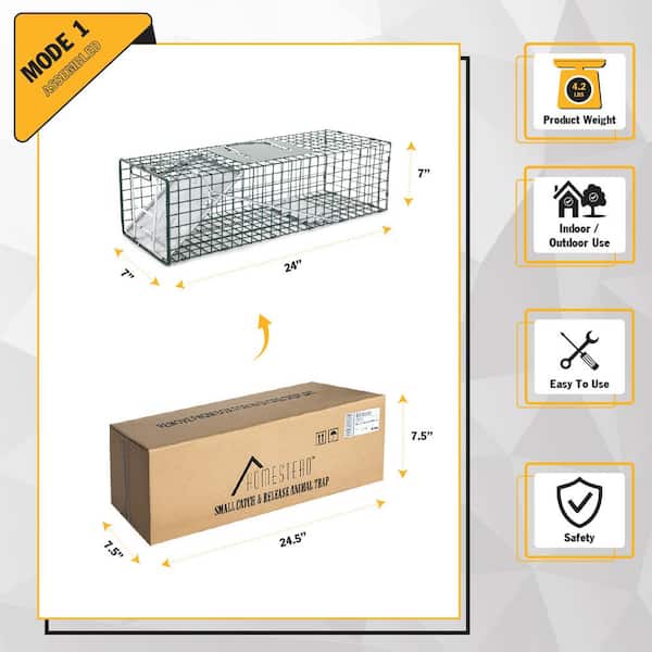 HOMESTEAD Small 1-Door Professional Humane Steel Live Animal Cage Trap for  Squirrels, Rabbits, Chipmunks, Skunks, Rats and Weasels 410-344-0111 - The  Home Depot