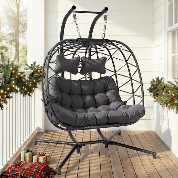 Large 2-Person 700 lbs. Gray Wicker Double Patio Swing Egg Chair with Black Stand and Gray Cushions