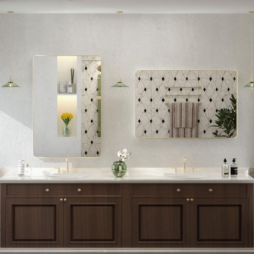2 Pieces 24 in. W x 36 in. H Rectangular Tempered Glass and Aluminum Alloy Framed Wall Bathroom Vanity Mirror in Gold price history on PriceWatchPro