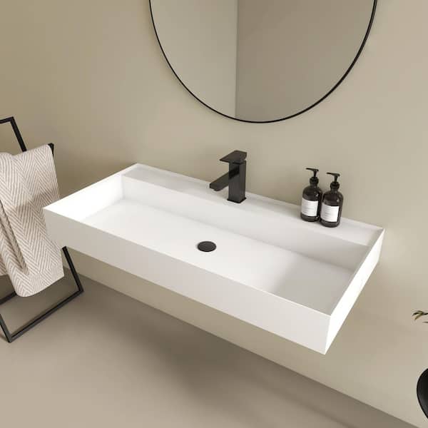 Velin 39 x 19 in. Solid Surface Wall Mount or Countertop Bathroom Vessel Sink with Faucet Holes in Matte White