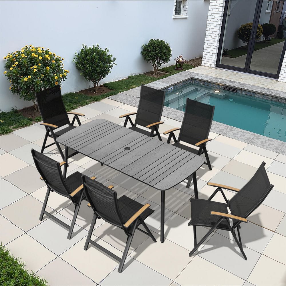 Gray 7-Piece 70.9 in. Aluminum Wood-Like Patio Outdoor Dining Set, with Umbrella Hole Table and Folding Recline Chairs price history on PriceWatchPro