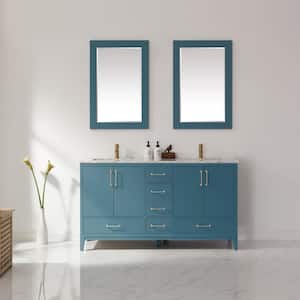 Sutton 60 in. Double Bathroom Vanity Set in Royal Green and Carrara White Marble Countertop with Mirror