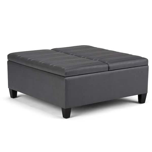 Simpli Home Ellis 36 in. Wide Contemporary Square Coffee Table Storage Ottoman in Stone Grey Vegan Faux Leather, Assembled