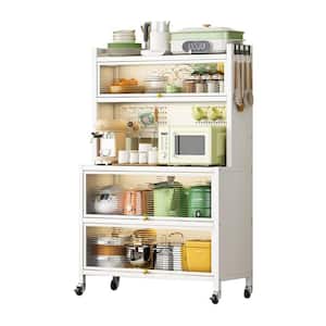 4-Tier White Metal Kitchen Shelf with Hooks and Alloy Universal Wheels