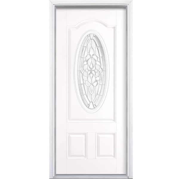 Masonite 36 in. x 80 in. Oakville 3/4 Oval Lite Left Hand Inswing Finished Smooth Fiberglass Prehung Front Door w/ Brickmold