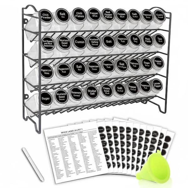 36-Shelf Black Countertop Cabinet Wall Mount Spice Rack Organizer Set with 36 Glass Bottles and 396 Labels