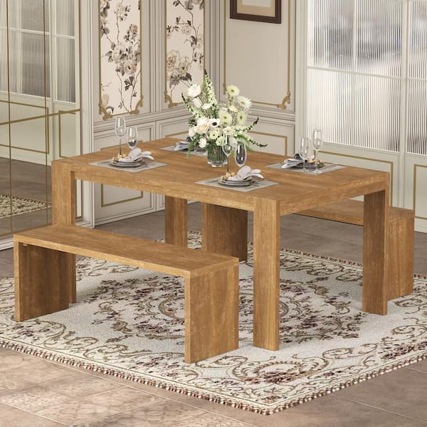 Farmhouse Style Natural Wood Wash 3-Piece Rectangular Wood Top Dining Set Seats 4 with Thickened and Widened Legs