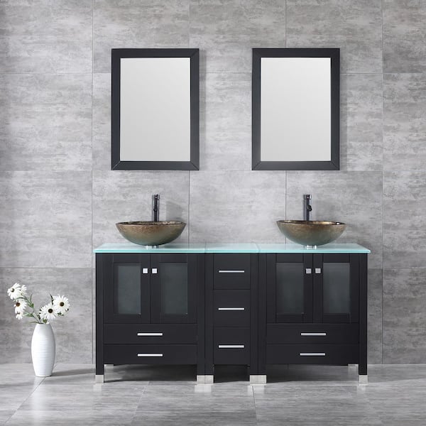 Wonline 60 in. W x 21.5 in. D x 61 in. H Double Sinks Bath Vanity in Black with Glass Top and Mirror