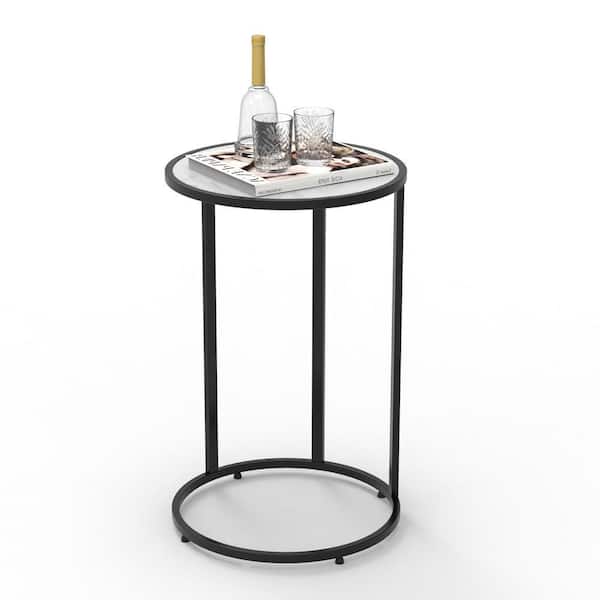 24.5 in. White Round Wood End Table with Black Metal Frame