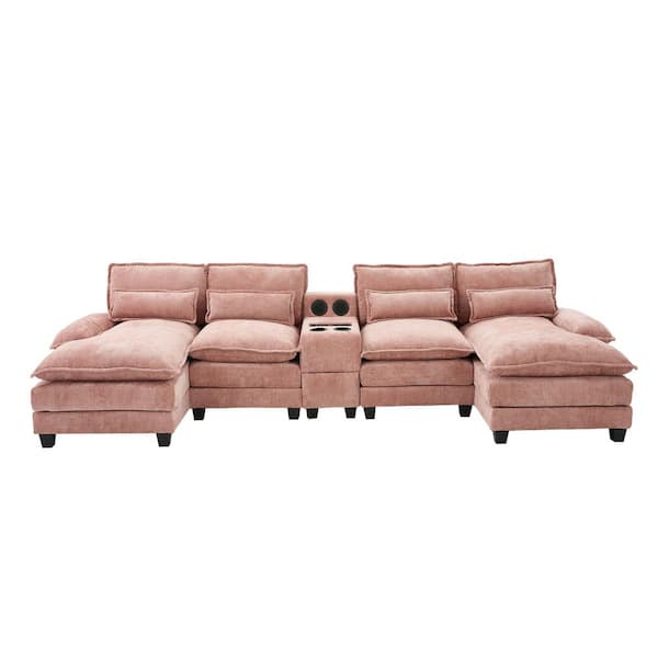 Modern 126 in. 4-Pieces Fabric Upholstered U-Shaped with Wireless Charging and Bluetooth Audio Sectional Sofa in. Pink