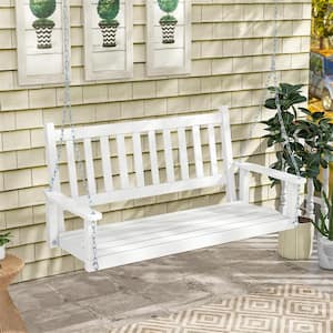 2-Person Wood Outdoor Porch Swing Heavy Duty Patio Hanging Bench Chair White