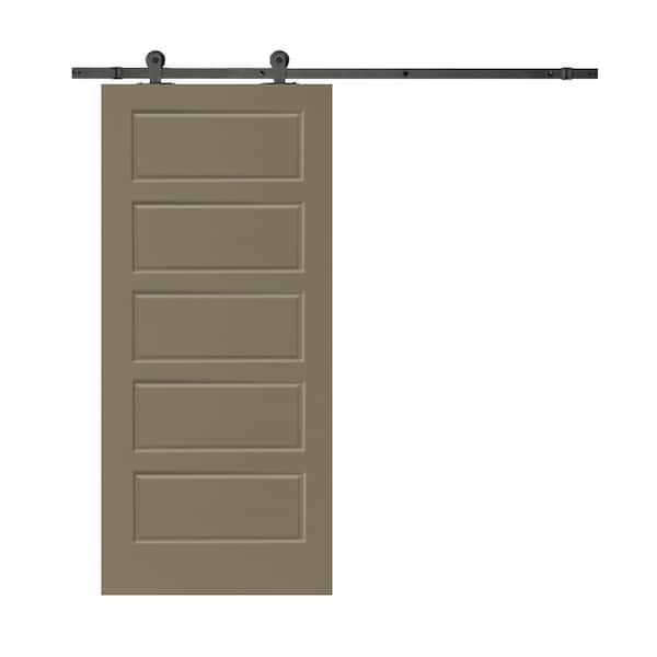 CALHOME 36 in. x 80 in. Olive Green Stained Composite MDF 5 Panel Interior Sliding Barn Door with Hardware Kit