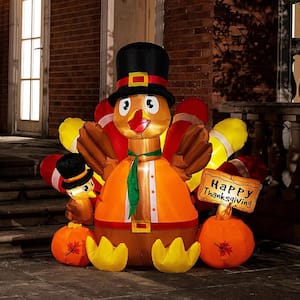 Outdoor 5 ft. Height Thanksgiving Inflatable LED Lighted Turkey with Hat Pumpkins and Chick