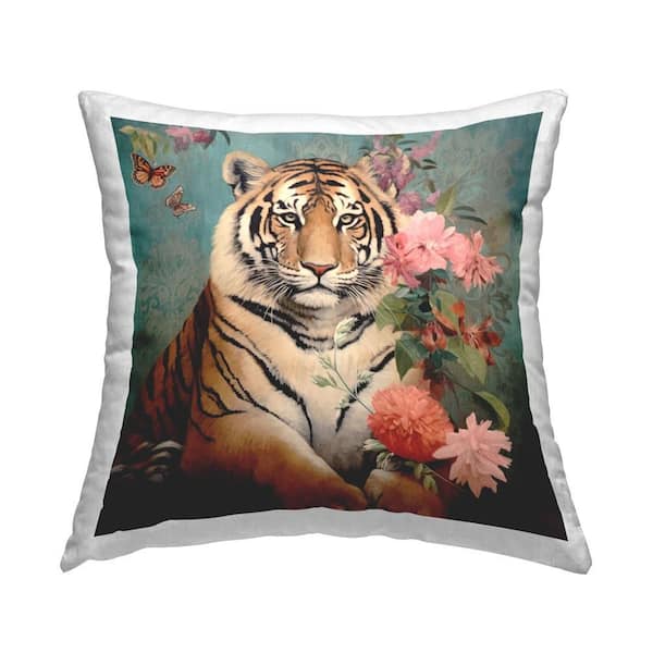 Stupell Industries Tiger with Flower Bunches Blue Print Polyester 18 in. x 18 in. Throw Pillow