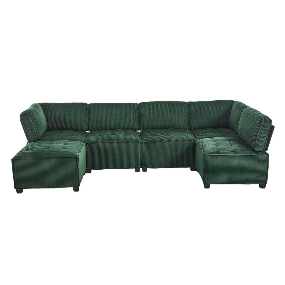 122 in. Square 6-piece U Shaped Corduroy Modern Sectional Sofa in. Emerald with Moveable Ottoman