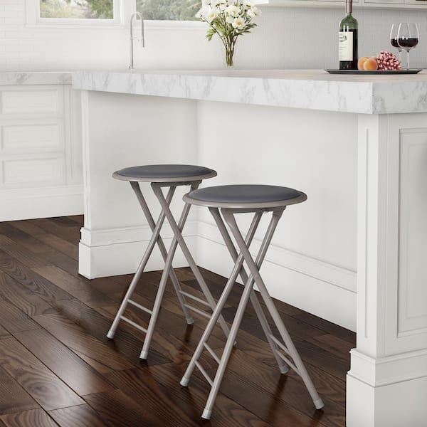 Gray Steel Padded Seats Folding Bar Stools 24 in. Set of 2