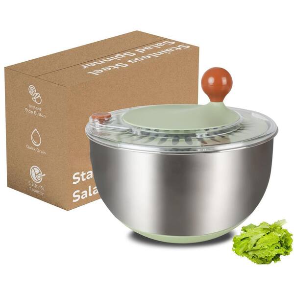 5.3 qt. Stainless Steel Salad Spinner, Lettuce Spinner with Drain, Non-Slip Base, Stop Button, Vegetable Dryer, BPA Free