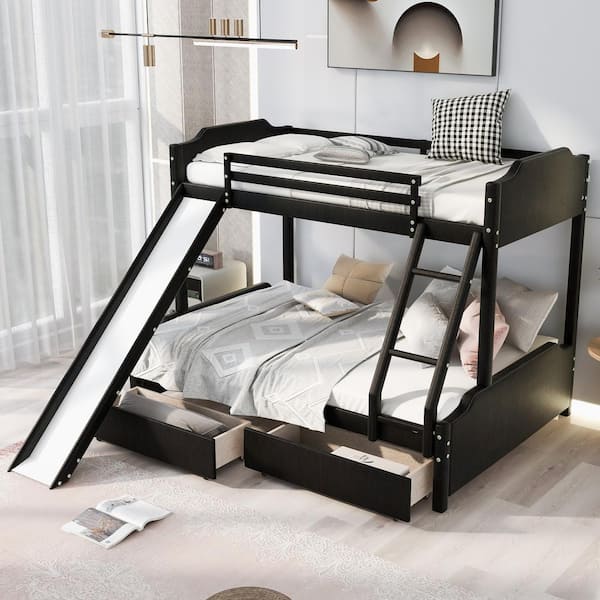 Harper & Bright Designs Black Twin over Full Upholstery Bunk Bed with ...