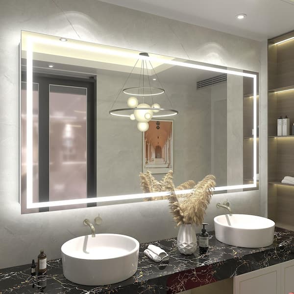 66 in. W x 36 in. H Rectangular Frameless Front and Back LED Lighted Anti-Fog Tempered Glass Wall Bathroom Vanity Mirror