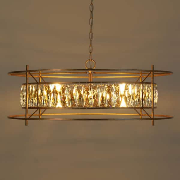 Modern 6-light Vintage Gold Chandelier with Hand-made Crystal for Living Room, Contemporary Glam Drum Ceiling Light