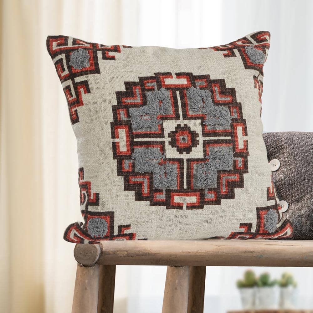 Geometric Red and Gray Geometric Hypoallergenic Polyester 18 in. x 18 in. I