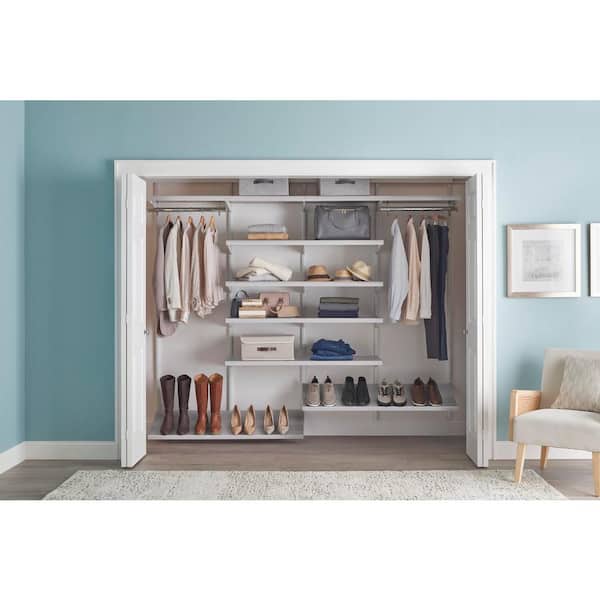 Genevieve 8 ft. White Adjustable Closet Organizer Long Hanging Rod with 10 Shelves and Shoe Rack