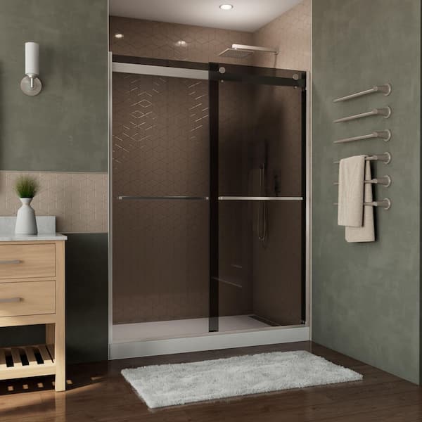 DreamLine Essence-H 56 in. to 60 in. W x 76 in. H Sliding Semi-Frameless Shower Door in Brushed Nickel with Tinted Glass