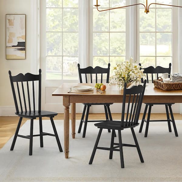17 in. Black Classic Windsor Dining Chair Farmhouse Solid Wood Armless Kitchen Chairs with Wave Spindle Back Set of 4