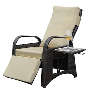 Wicker Outdoor Recliner Chair with Khaki Cushions, Side Table, Adjustable Backrest Patio Lounge Chair