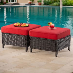 Wicker Outdoor Patio Ottoman with Baby Red Cushions (Set of 2)