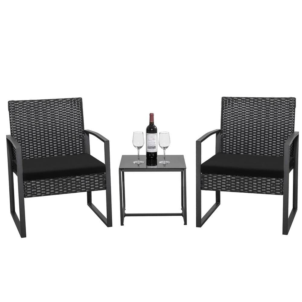 Tozey Black 3-Piece Patio Sets Steel Outdoor Wicker Patio