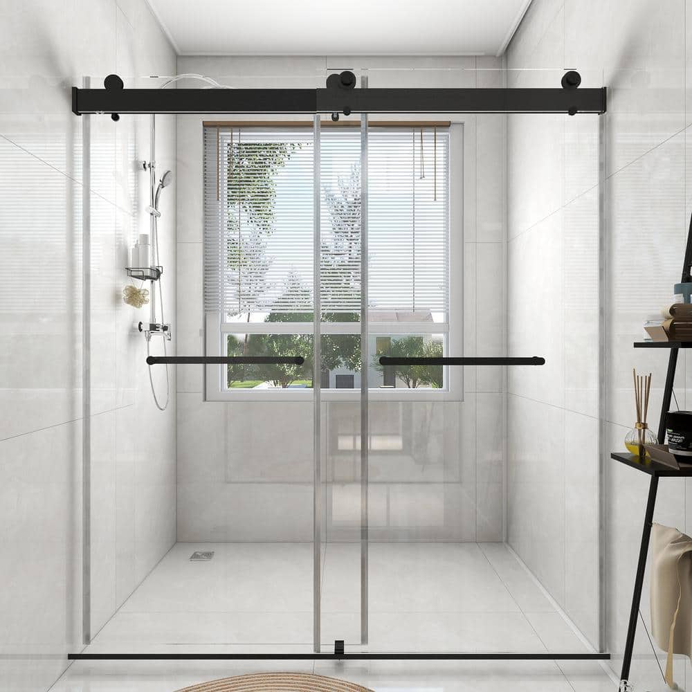 76 in. W x 76 in. H Double Sliding Frameless Shower Door in Matte Black Fin