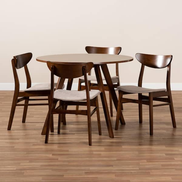 BAXTON STUDIO Fiesta-Latte/Coffee Oak-5PC Dining Set BRITTE MID-CENTURY  MODERN FABRIC UPHOLSTERED FIVE PIECE WOOD