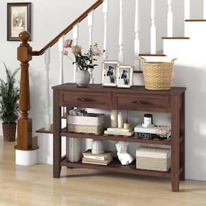 3-Tier 42 in. Espresso Rectangle Narrow Wood Console Table w/ 2-Drawers 2-Open Shelves Solid Wood Legs
