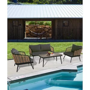 4-Piece Black Metal and Natural Wicker Patio Conversation Set with Gray Cushions and Tempered Glass Tabletop