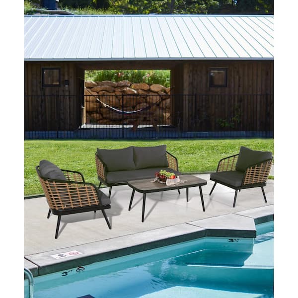 Harper & Bright Designs 4-Piece Black Metal and Natural Wicker Patio Conversation Set with Gray Cushions and Tempered Glass Tabletop