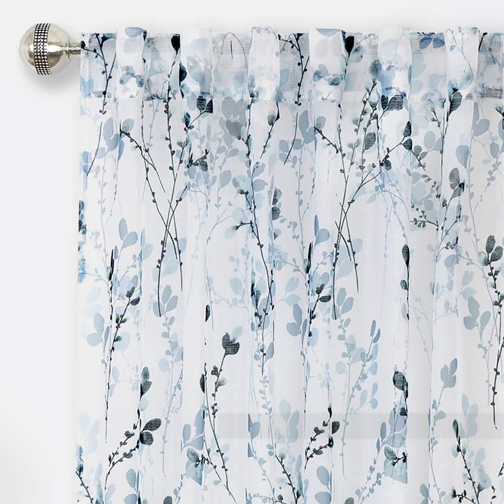 Teal Floral Semi-Sheer Linen-Blend Back Tab Curtain Panel