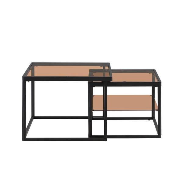 Polibi 23.6 in. Black Square Tempered Glass Top Nested Coffee Table Set with Metal Frame