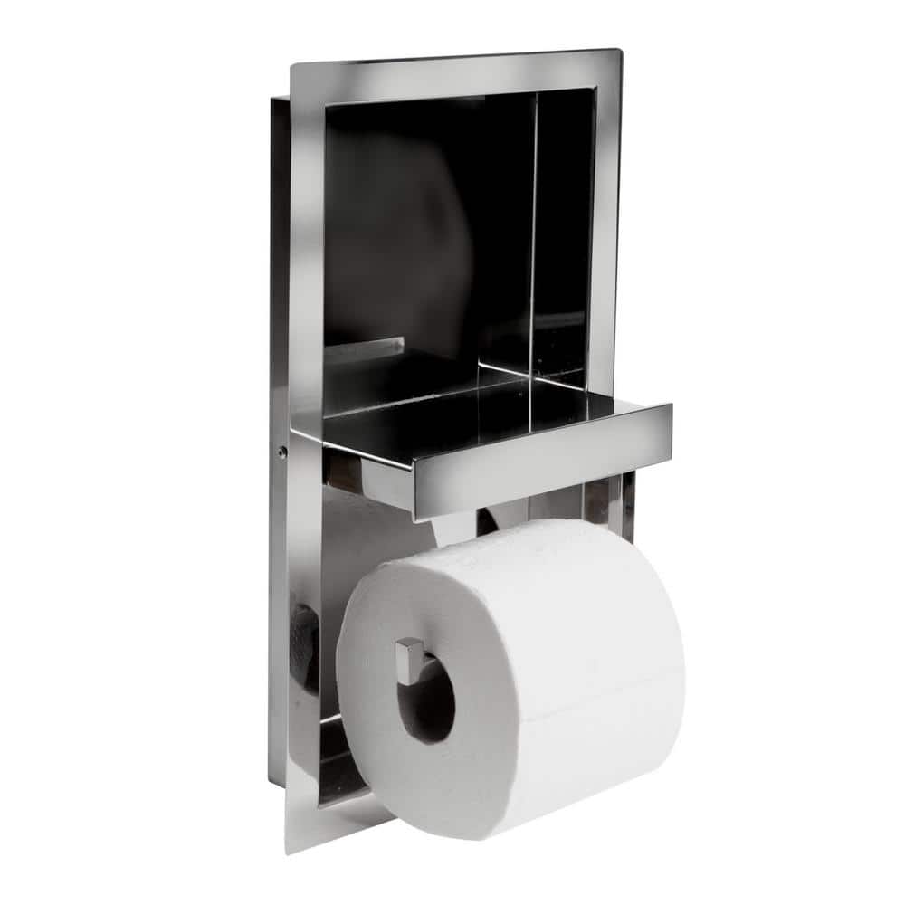 Polished Stainless Steel Recessed Toilet Paper Holder with Shelf