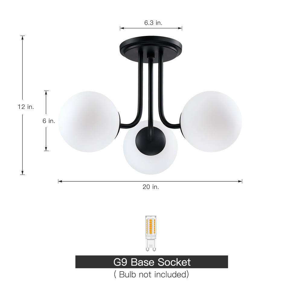Opal Matte Black and White Glass Globe LED Semi-Flush Mount Light