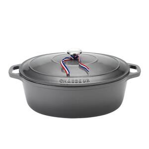 French Enameled 6 qt. Oval Cast Iron Dutch Oven in Caviar Grey with Lid
