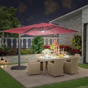 10 ft. Aluminum Cantilever Outdoor Patio Umbrella Bluetooth Atmosphere Lights 360-Degree Rotation in Red with Base