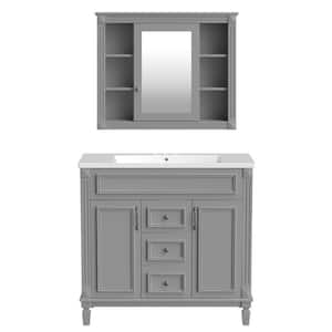 35.9 in. W x 18.1 in. D x 62.7 in. H Single Sink Freestanding Bath Vanity in Grey with White Resin Top and Mirror