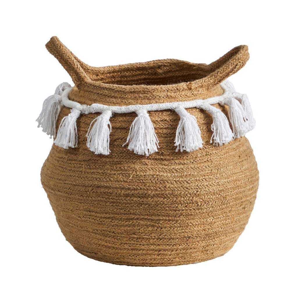 Nearly Natural 11 in. Natural Boho Chic Handmade Cotton Woven Basket Planter with Tassels, Beige | The Home Depot