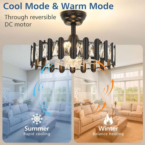 17.71 in. Indoor Modern Black Crystal Ceiling Fan with Light Luxury Fandelier with Silent Remote Reversible Fan Blades