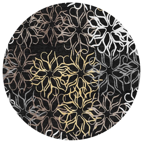 Chantille Machine Washable Indoor/Outdoor Abstract ACN2973 Black 8 ft. x 8 ft. Round Rug