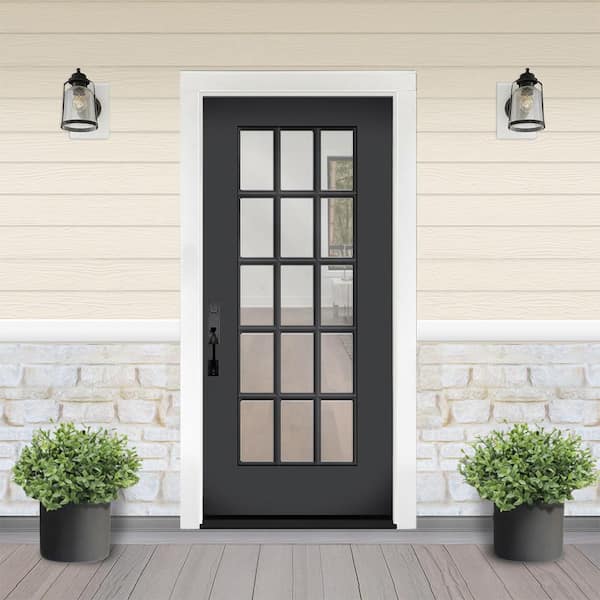 Reliant 32 in. x 80 in. FullLite 15L SDL Clear Glass RHIS Black Finish Fiberglass Prehung Front Door w/4-9/16 Jamb