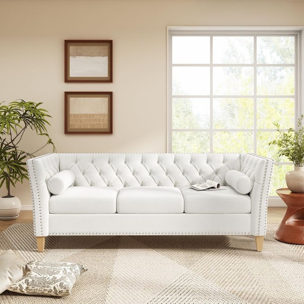 76.8 in. Flared Arm Polyester Rectangle Sofa in Beige