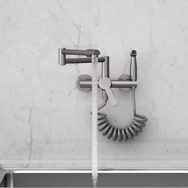Wall Mount Folding Kitchen Faucet with Spray Gun, Dual Function Pot Filler Tap, 3.1 GPM Water Flow in Brushed Nickel