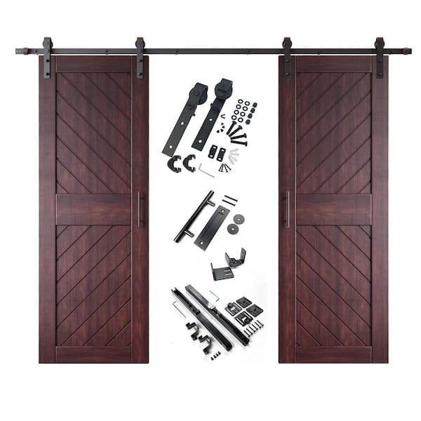 HOMACER XT4 26 in. x 84 in. C-Panel Red Mahogany Slanted Stripe Design Double Pine Wood Sliding Barn Door with Hardware Kit